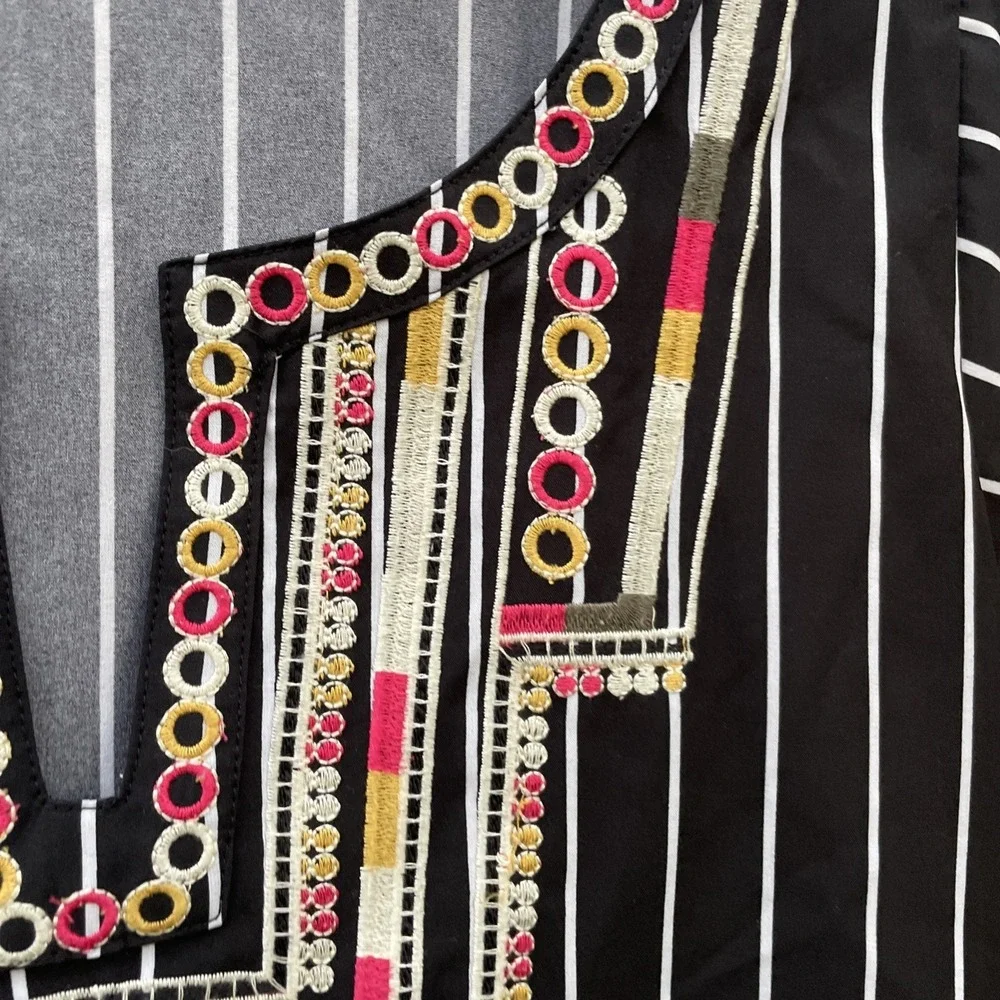 THML top Medium Black White Striped With Green Tan Pink And Yellow Embroidery - Picture 6 of 16